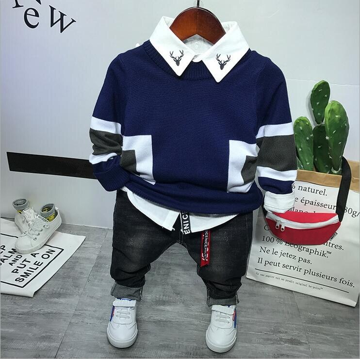 Jongens Gebreide Trui + Shirts + Jeans 3Pcs Sets Peuter Jongens Kleding Set Peuter Jongen Kleding Casual Kids Outfits 2-6years