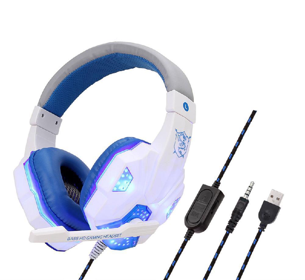 Bedrade Oortelefoon Gaming Headset Usb Lichtgevende Gamer 3.5Mm + Usb Stereo Hoofdtelefoon Folding Headset Voor PS4-Laptop-Switch: White blue