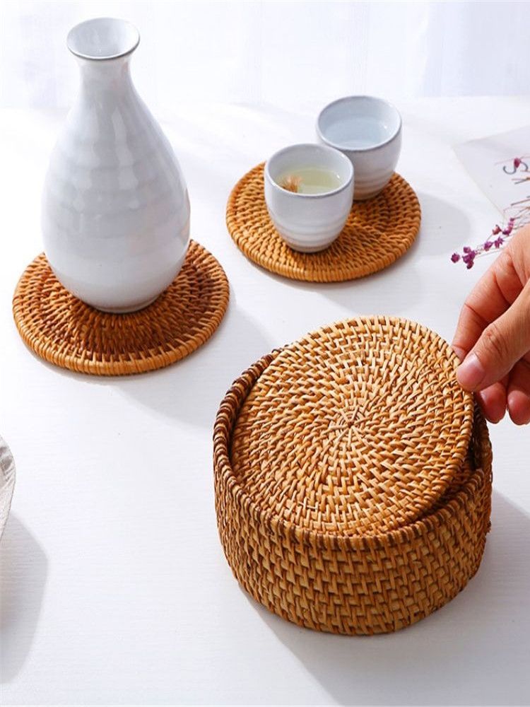 Tapis rond en rotin naturel pour tasse de thé, napperons thermo-isolants tissés à la main, rembourrage de Table, accessoires de décoration de cuisine