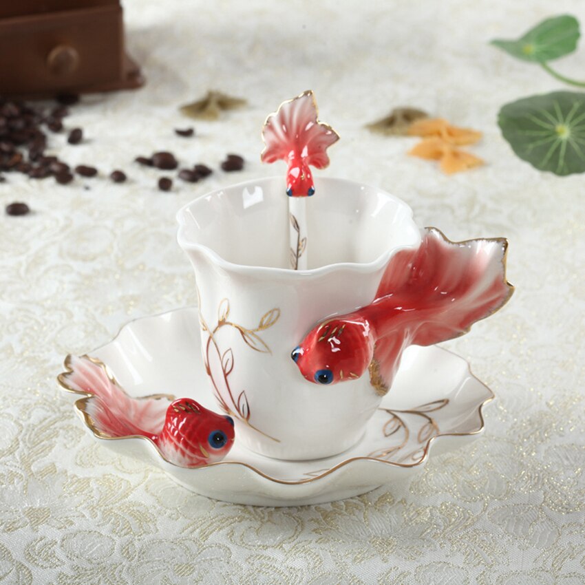 Emaille Porseleinen Kop &amp; Schotel Set Art Keramische Thee Koffie Cup Vis Porselein Thee Set Met Lepel Voor Ontbijt Thuis keuken