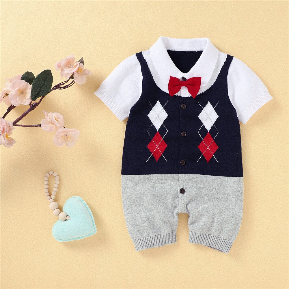 Infant Baby Boys Bow Tie Retro Romper Cotton Short Sleeve Button-Down Folded Patchwork Knitted Patchwork British Style Jumpsuit