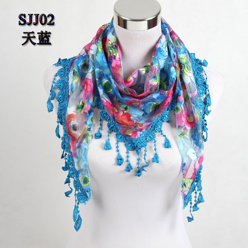 Women Triangle Scarf Lace Floral Summer Beach Tassel Scarves Chiffon Silk Wrap Pashmina Stole Foulard Hijab SJJ02: Sky blue