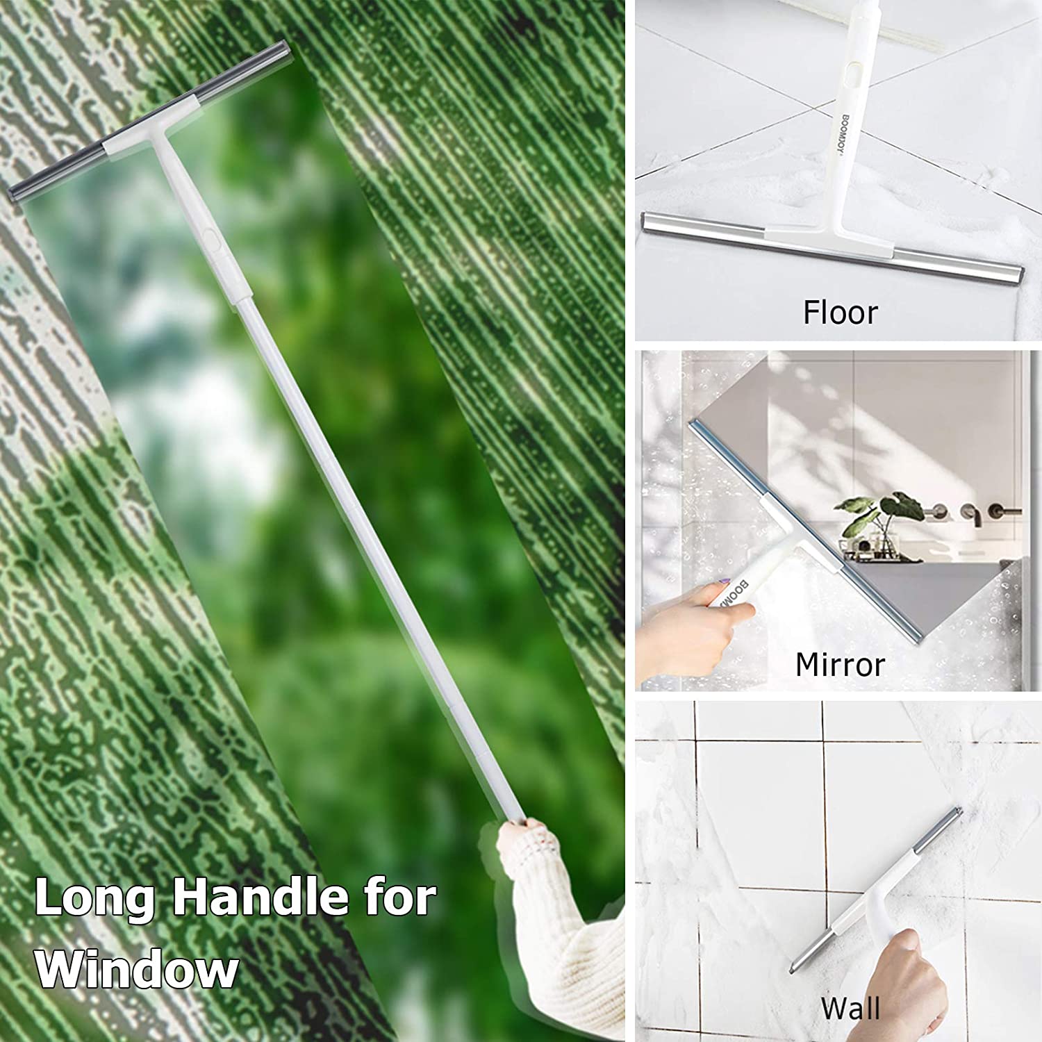 BOOMJOY Window Wiper Floor Squeegee Shower Cleaner with 43&quot; Adjustable Handle Rubber for Glass Bathroom Tile Garage Window