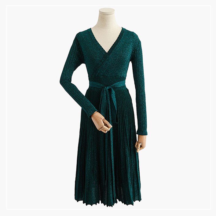 Spring Pleated Large Hem V Collar High Waist Lace Up Shiner Lurex Knitted Elastic Dress Women Vintage Clothing C-006: Green