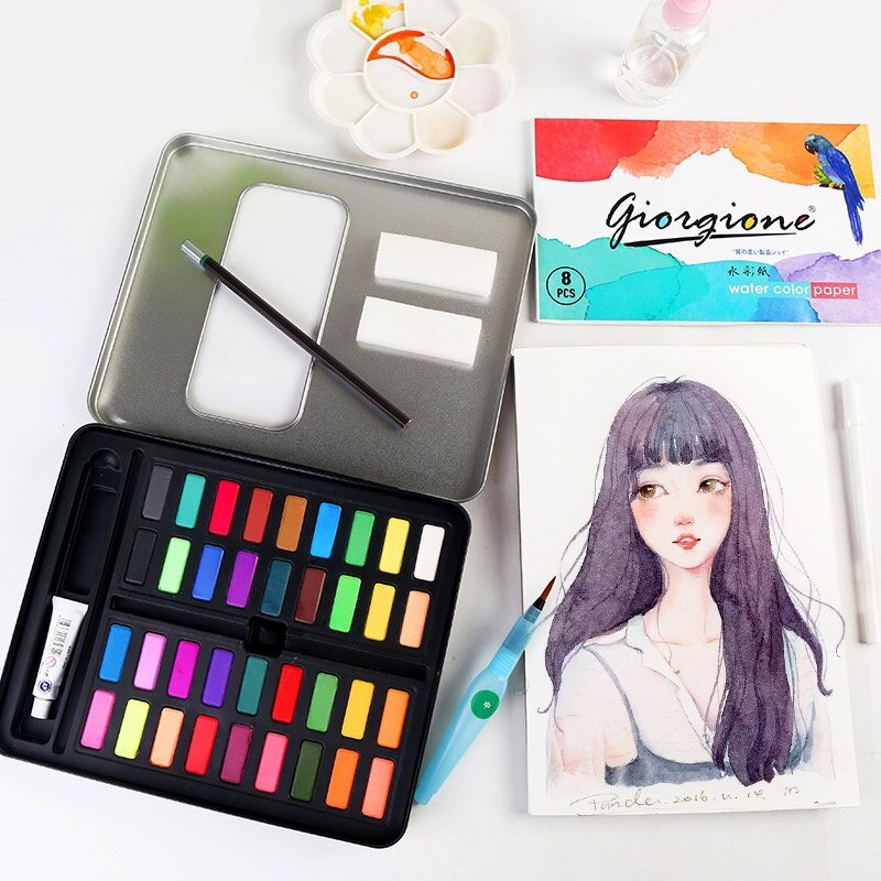 Perfect Watercolor Paint Set Art Paint Set with 36 Vibrant Colors, Brushes, Charcoal Pencil, 8PCS Paper in Metal Tin Box