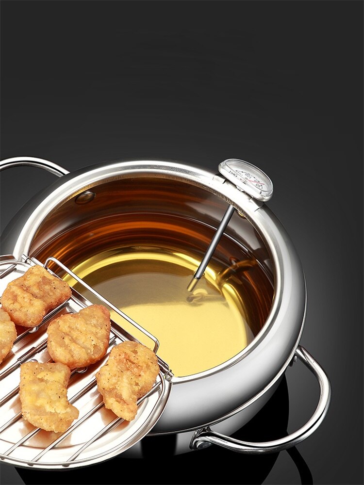 Japanse Frituren Pot Met Een Thermometer En Een Deksel 304 Roestvrij Staal Keuken Gebakken Frietjes Chickentempura Friteuse Pan 20 24 Cm