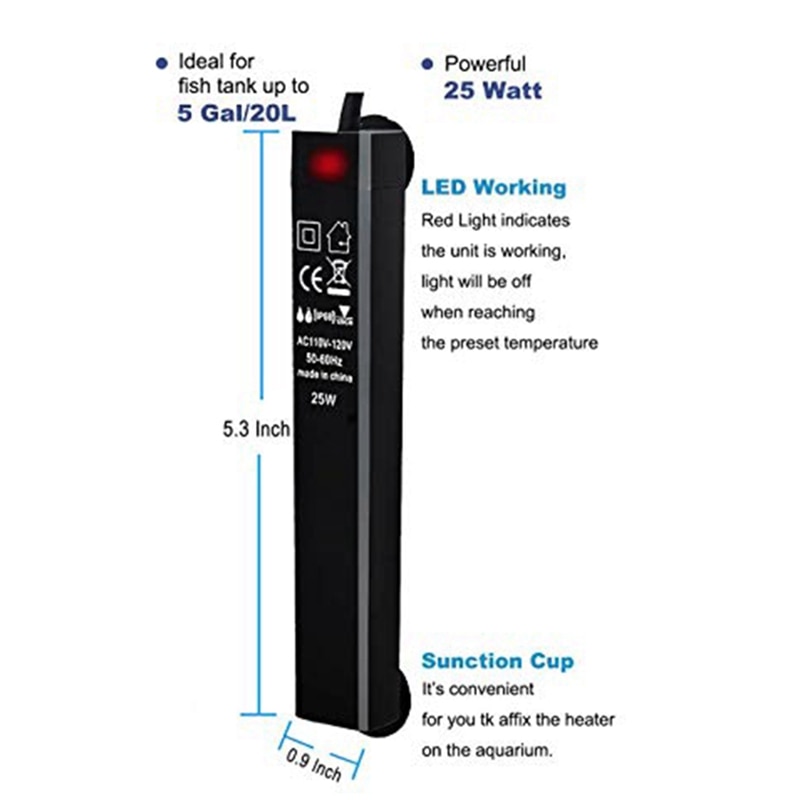 El mejor calentador de peceras Betta, 25W, Mini calentadores de pecera, controlador de temperatura de calentador de agua de bajo consumo, termostato inteligente EE. UU.