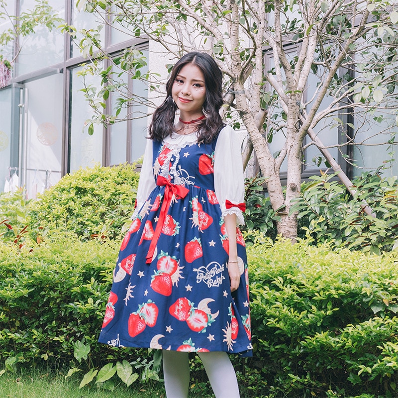 Kawaii Lolita Jurk Aardbei Angel OP Jurk Japanse Leuke Dame Korte Mouw Print Lolita Prinses Jurk