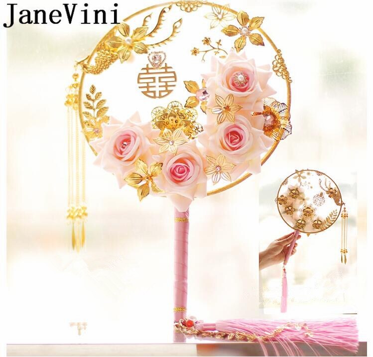 JaneVini Luxe Gouden Bloemen Fan Ronde Rode Roos Kunstmatige Bruidsboeket Chinese Stijl Parel Kralen Wedding Boeket Bruid Fans