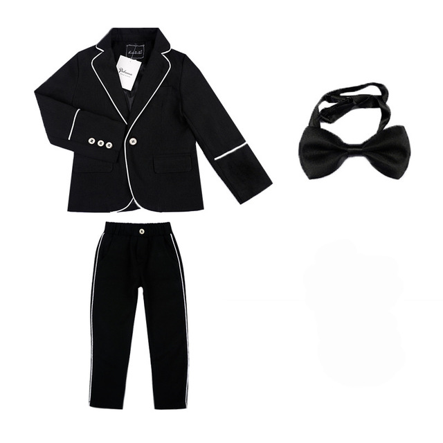 Skole drenge jakkesæt til bryllup gallafest 2t-12y børn slim fit jakkesæt sæt drenge formelle blazer bukser 2 stk butterfly kostume  f135: Sort 2 stk / 11t