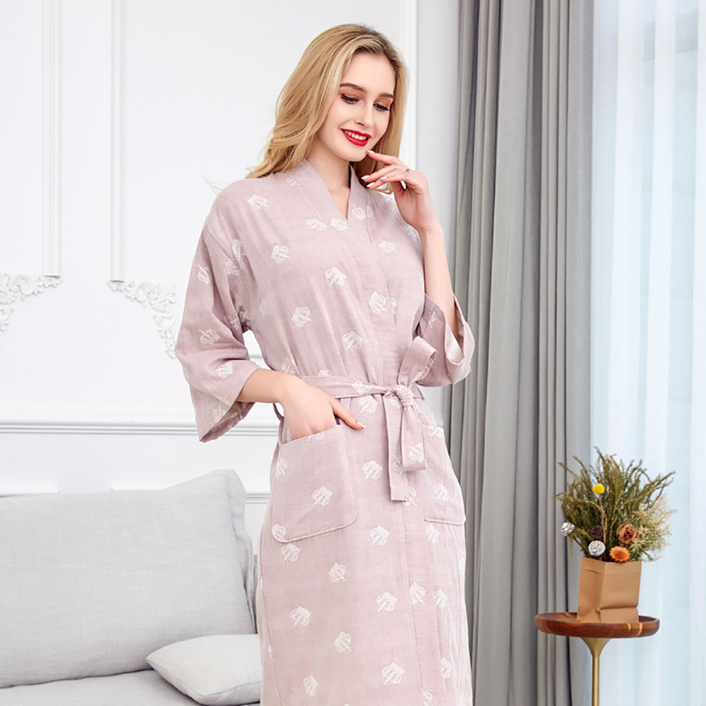 Peignoir Double gaze 100% coton pour femmes, Kimono respirant et absorbant, , couronne imprimée, Robe de nuit, cosmétique, printemps été: Violet / L