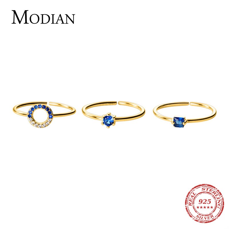 Modian Brands Water Round Square Blue Crystal Opening 925 Sterling Silver Ring for Women Korea Style 3 Style Fine Jewelry