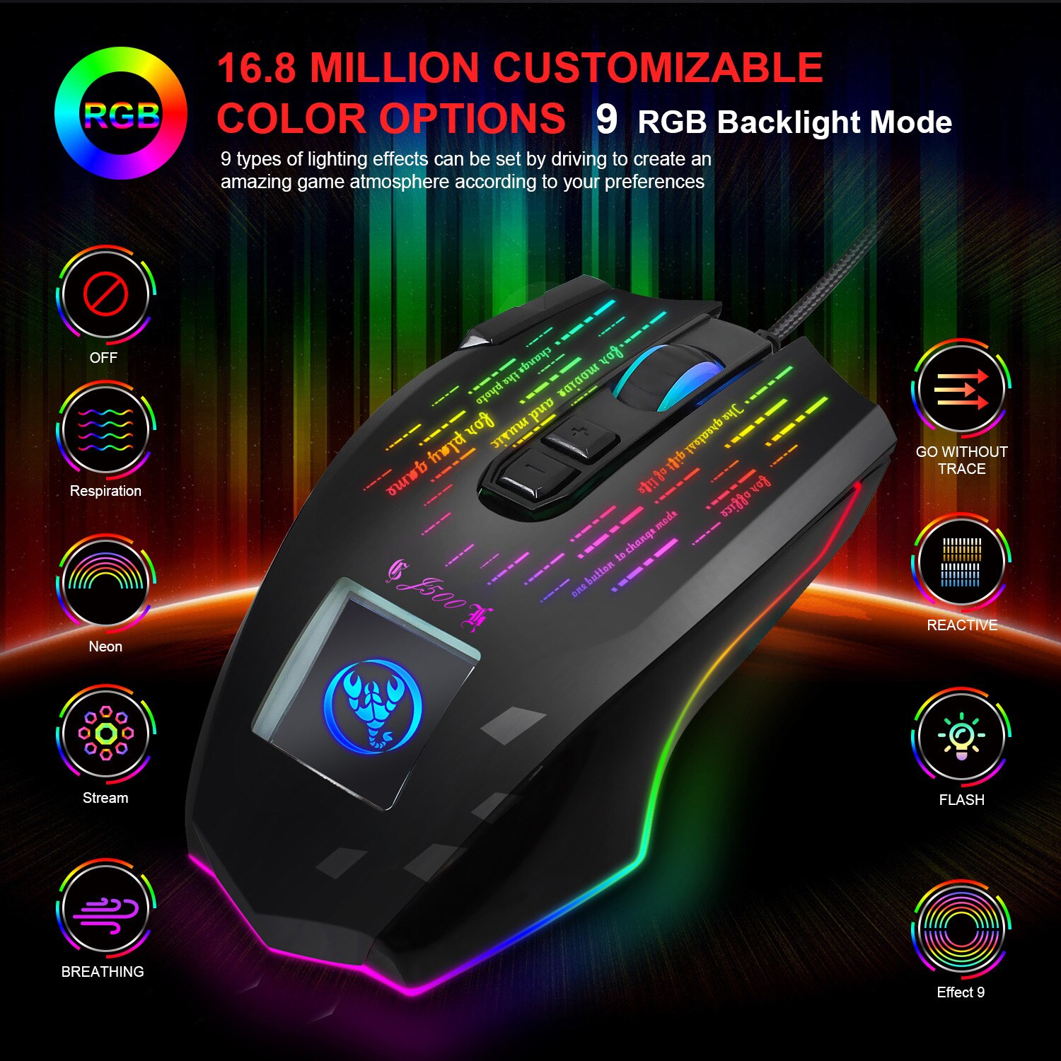 J500 Gaming Mouse USB 10000 DPI PMW3325 USB RGB Wired Mouse Gamer 9 Buttons Programmable Mice For Computer PC Can Photo Setting