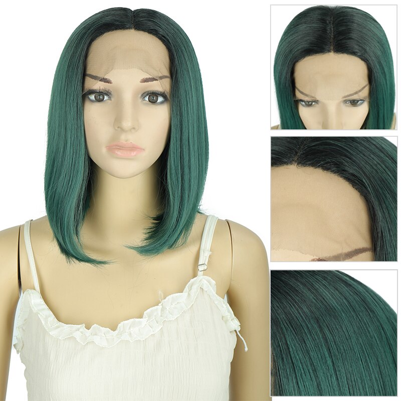 Di Fei Cosplay Synthetische Lace Front Pruik Korte Bob Rechte Met Staart Krullen 13 "Dark Green Pruik Voor Zwarte vrouwen Cosplay Pruik