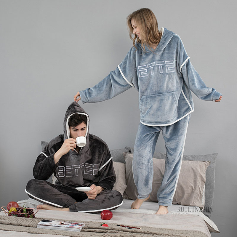 Pijama de franela con capucha para hombre, conjunto de 2 unids/set/conjunto de ropa de dormir gruesa y cálida para parejas, trajes informales sueltos para el hogar