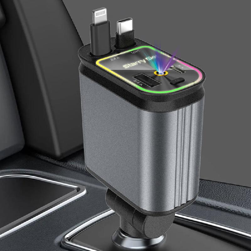 Cargador de coche retráctil 4 en 1: cargador USB C para coche de 120W, adaptador de carga rápida y puerto de carga dual, cargador de teléfono para coche