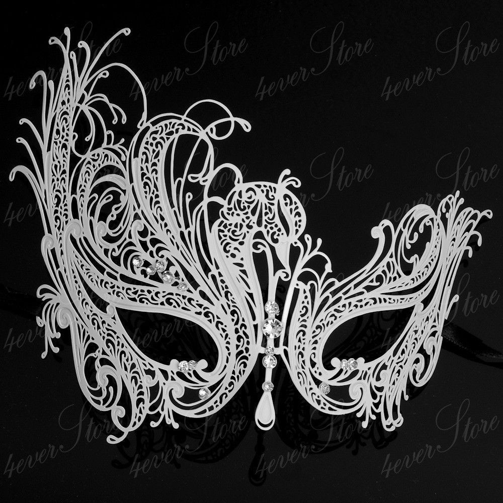 Luxury Phantom White Metal Venetian Party mask halloween Masquerade Swan Rhinestone Eye Mask: White