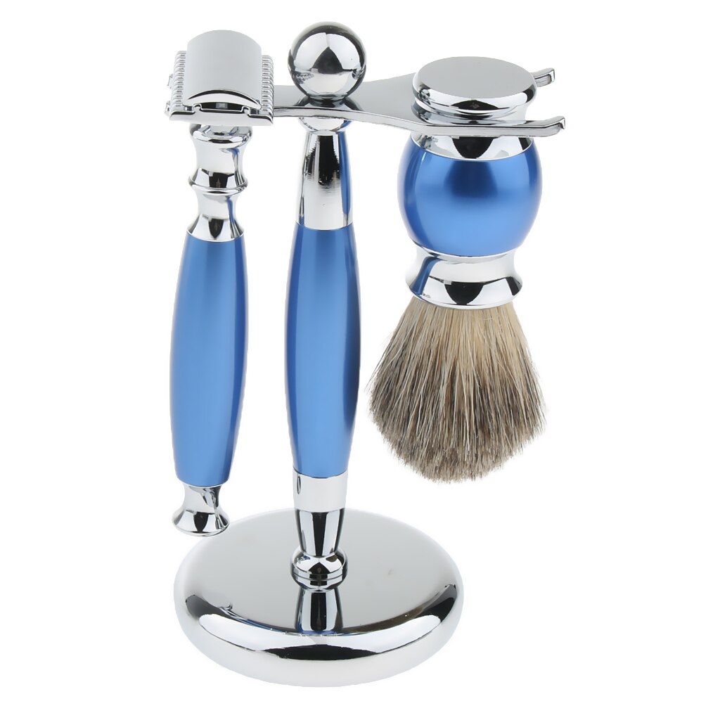 Traditional Luxury Grooming Shaving Set For Men - Including Double-sided Razors, Shave Brush, Alloy Stand Holder - Blue