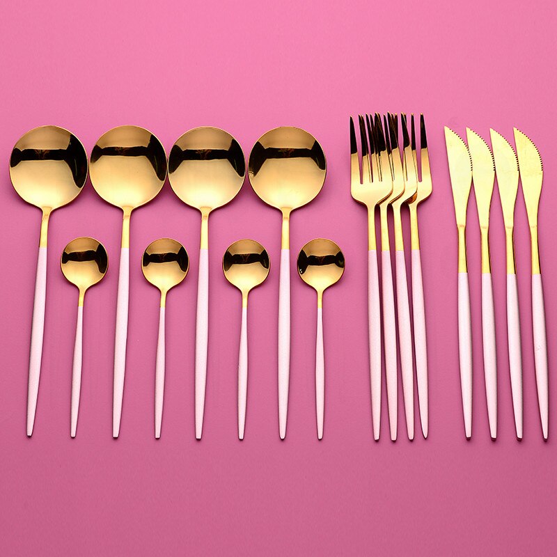 16Pcs Servies Rvs Bestek Moderne Gouden Bestek Set Vork En Mes Set Regenboog Bestek Voor Restaurants Servies: pink gold 16 pcs