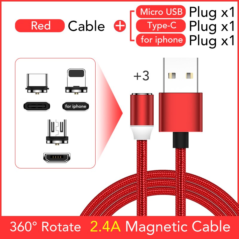 WJOY-Cable magnético de carga rápida, Cable USB tipo C, cargador magnético, Cable Micro USB, Cable de teléfono móvil, USB, rotación 360: Red Cable Add 3 Plug / 1M Cable