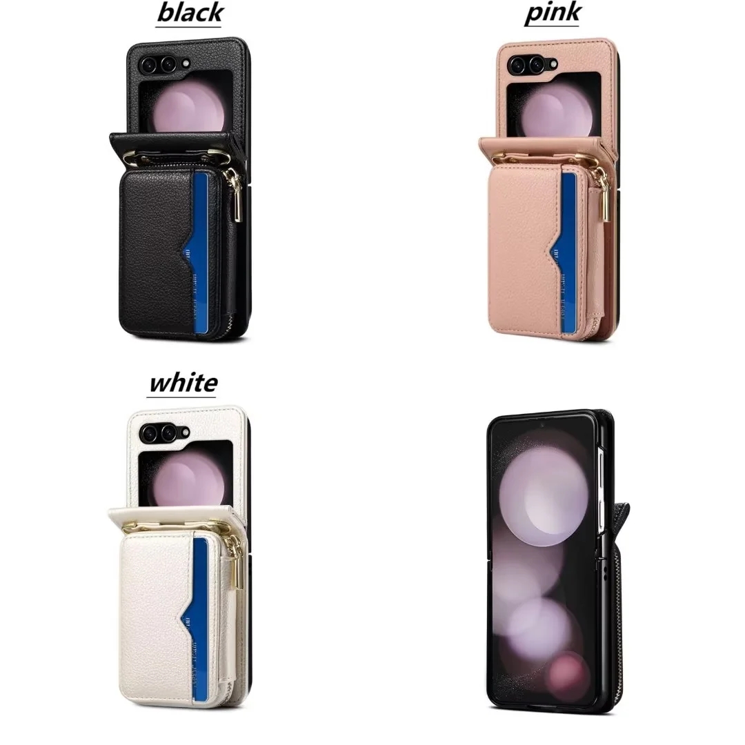 Crossbody lederen tas voor Samsung Galaxy Z Flip 6 5 4 3 5G Flip6 ritskaarten Solt portemonnee metalen ketting zaktas portemonnee cover