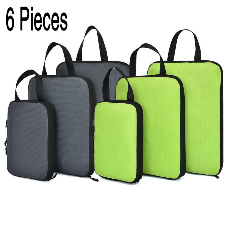 Soperwillton Compression Packing Cubes Set For Travel 3 Sizes 3 6 Pieces Travel Luggage Packing Organizers Accessories #9004: 6pcs Gray and Green