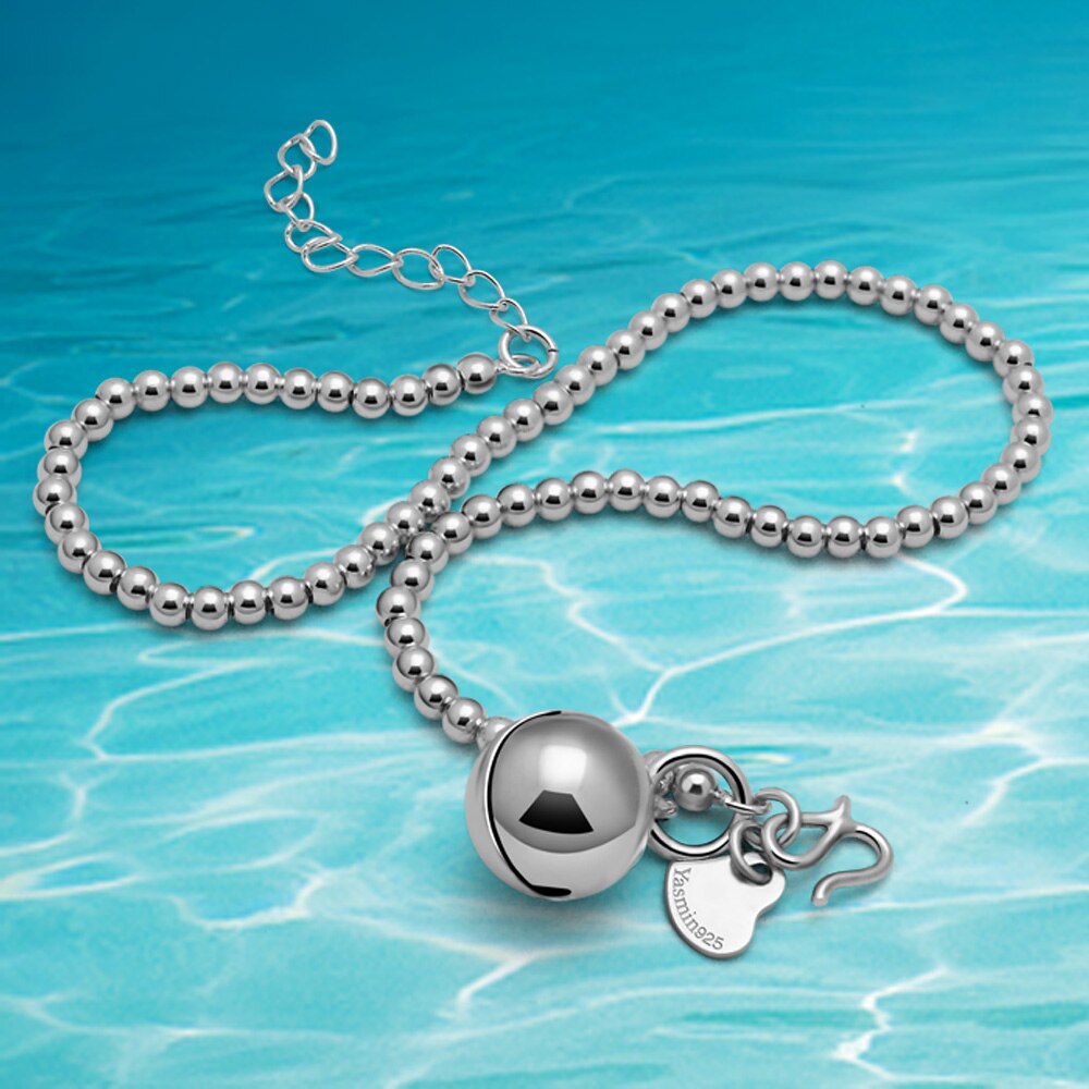 Bell anklets！ 925 sterling silver anklets for women, silver feet decorated with round bead chain ringing bells