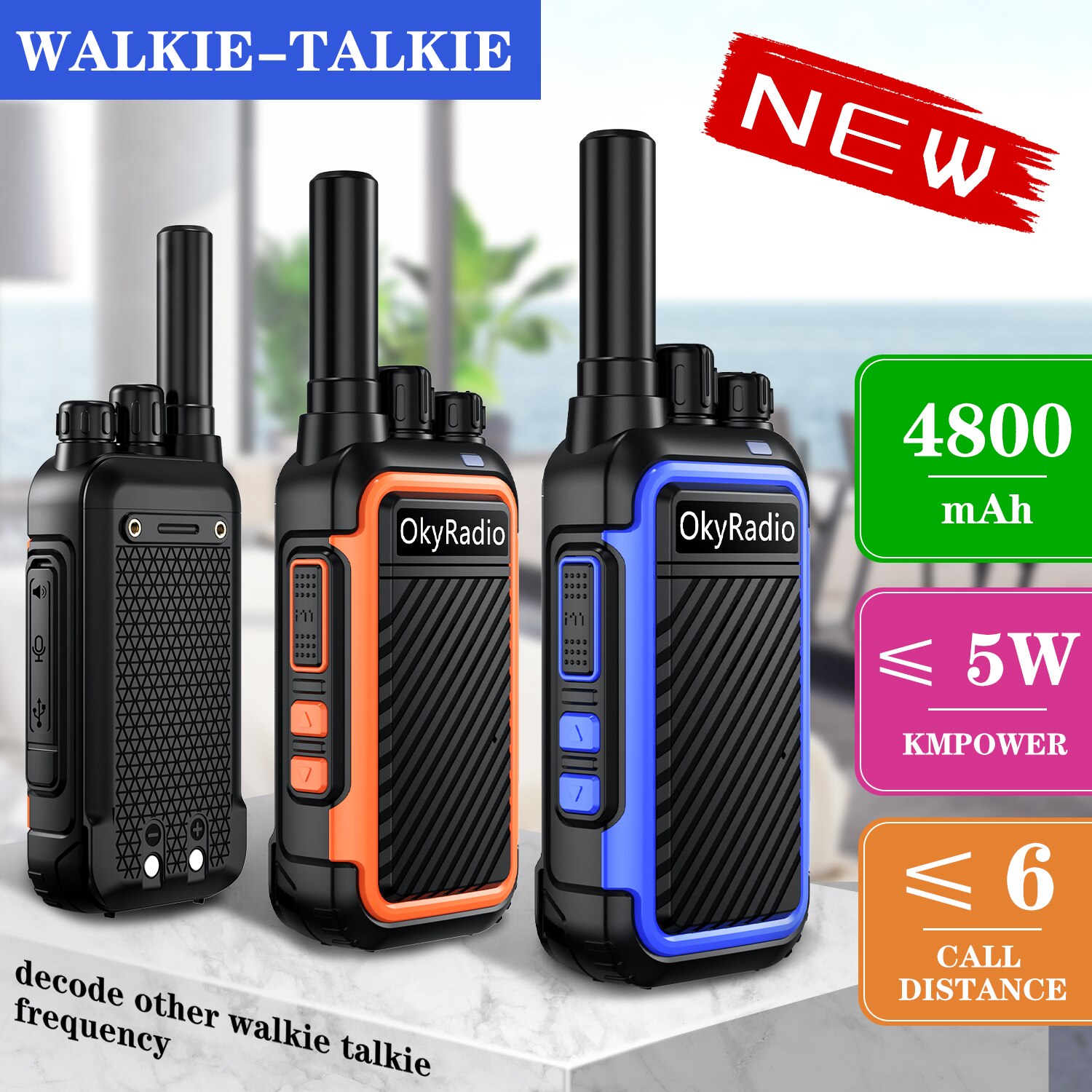 OkyRadio-walkie-talkie portátil resistente al agua, dispositivo con llamada de 6km, batería de 2022 mAh, potencia de 5w, 16 Canales para el trabajo, 4800
