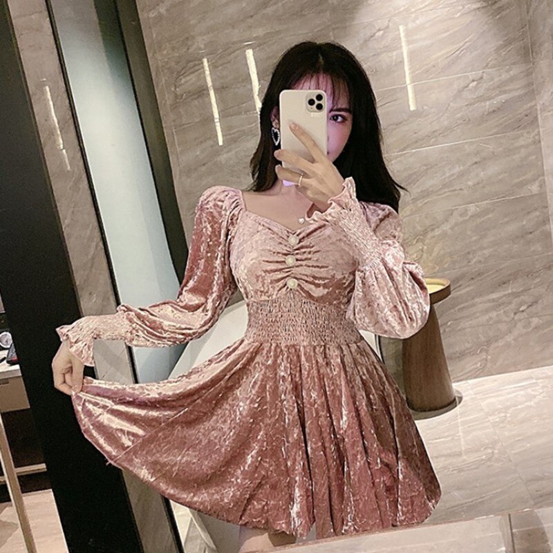 Temperament dam lykta ärm prinsessklänning guld sammet långärmad klänning kvinnor viktoriansk klänning kawaii flicka gotisk