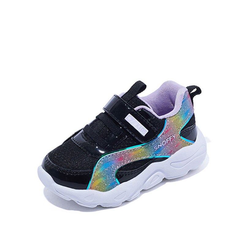 Nuevas zapatillas deportivas de primavera para niños, zapatillas de negras para niñas, zapatillas de deporte casuales con brillo para niños, zapatillas deportivas de malla para niños pequeños: Black / 11.5