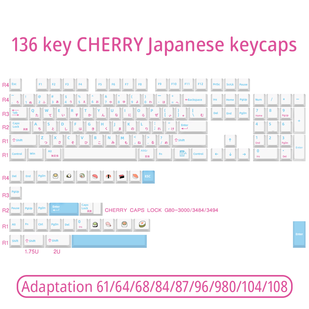 136 key caps Dye Sub Japanese PBT keycaps Sushi White Theme keycap For GMK Mechanical Keyboard gk61/64/68/84/tkl87/96/98/108: Default Title