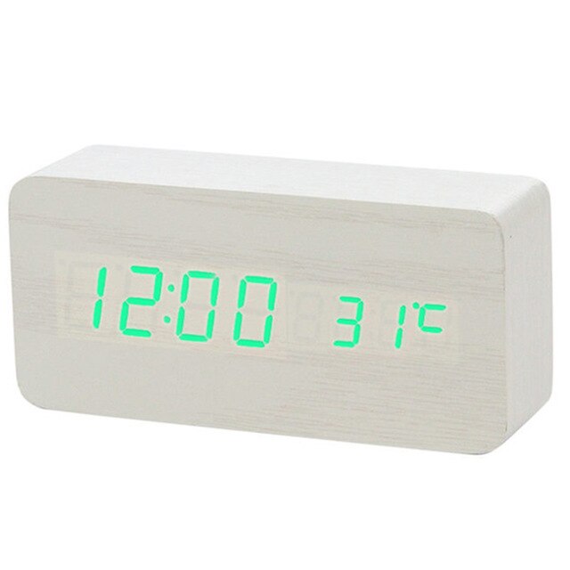 LED Wooden Alarm Clock Desktop Watch Voice Control Temperature Humidity Living Room Display Desk Alarm Clocks Home Decor: White Wood Green N