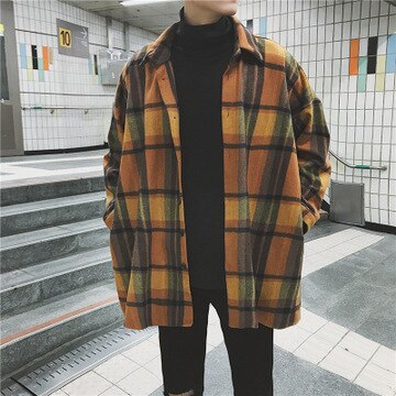Menns rutete skjorte casual løs ulljakke jakke menn langermet skjorte herreklær streetwear: Ingefær / Asia størrelse l