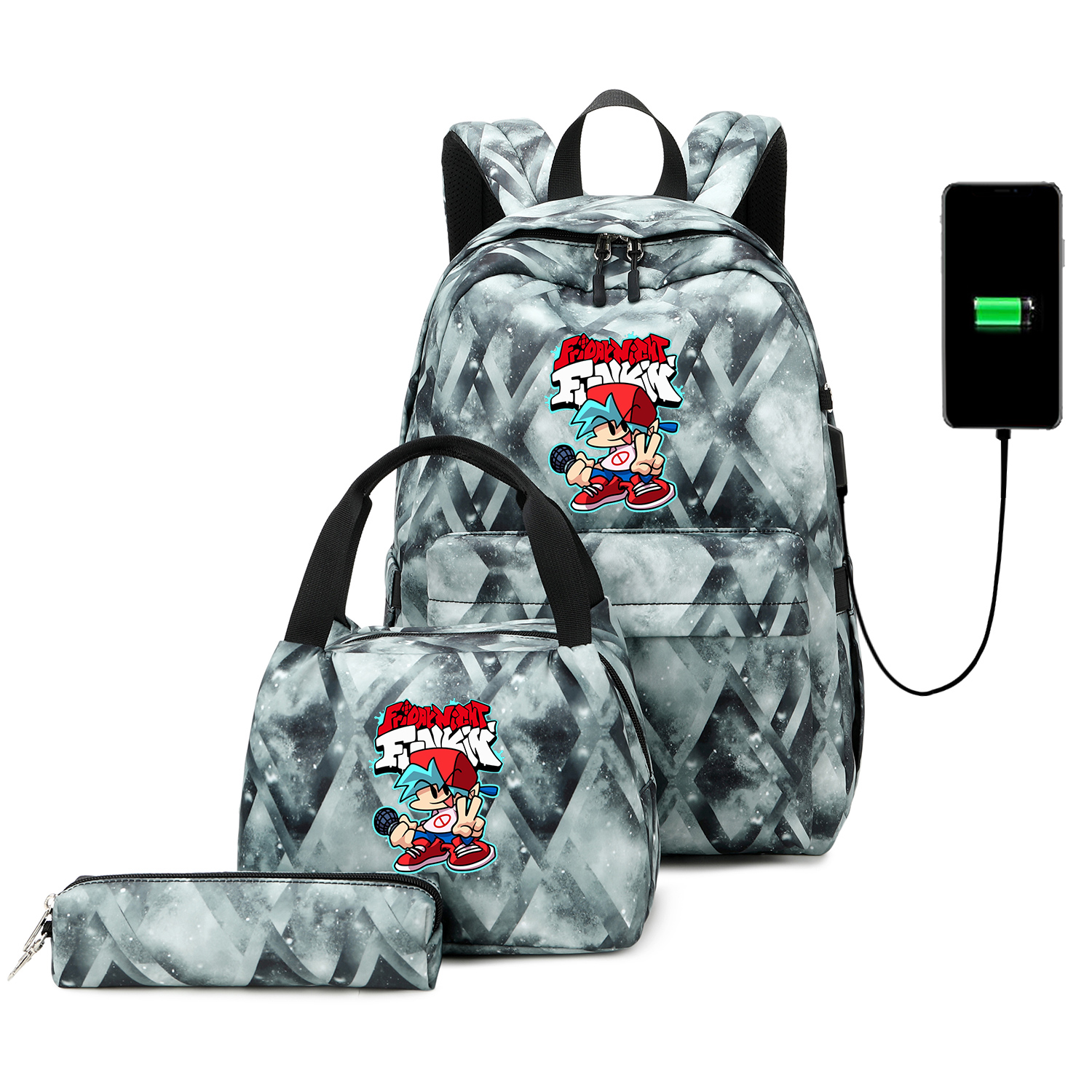 Funkin-mochilas escolares para adolescentes, niños y niñas, juego de Mochila de viaje con carga USB, bolsa de libros para estudiantes, Juego de 3 unids/set: 014