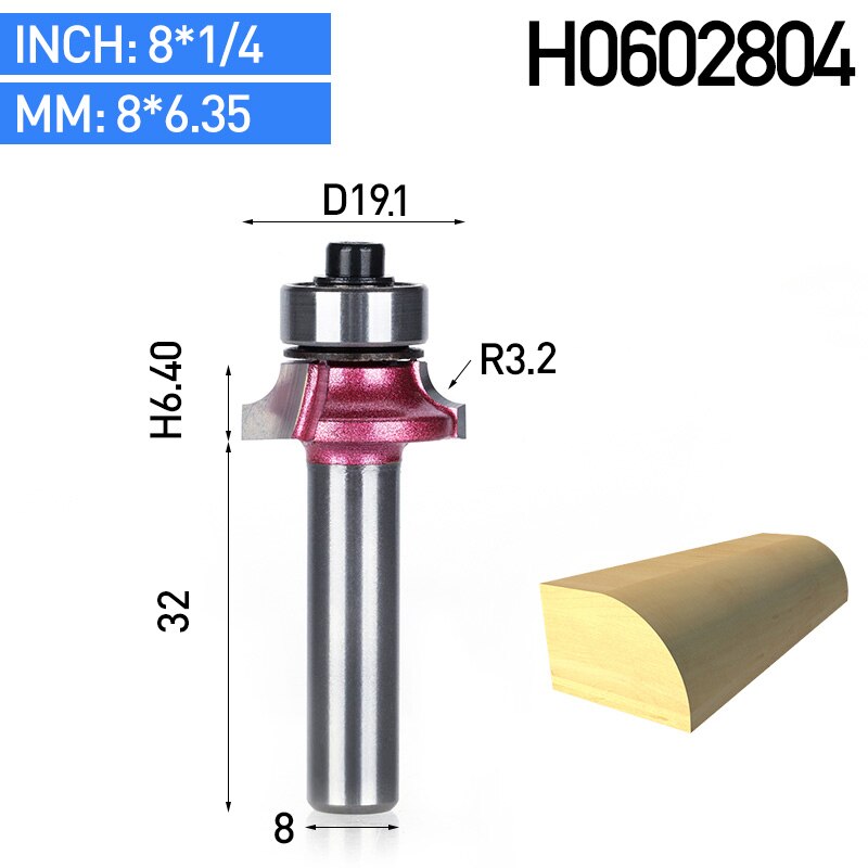 HUHAO 1pcs 8mm Shank Round-Over Router Bits for wood Woodworking Tool endmill with bearing milling cutter Corner Round Over Bit: H0602804