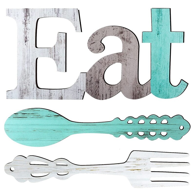 Set Of EAT Sign, Fork And Spoon Wall Decor, Cute Eat Letters For Kitchen And Home, Decorative Hanging Wooden Letters