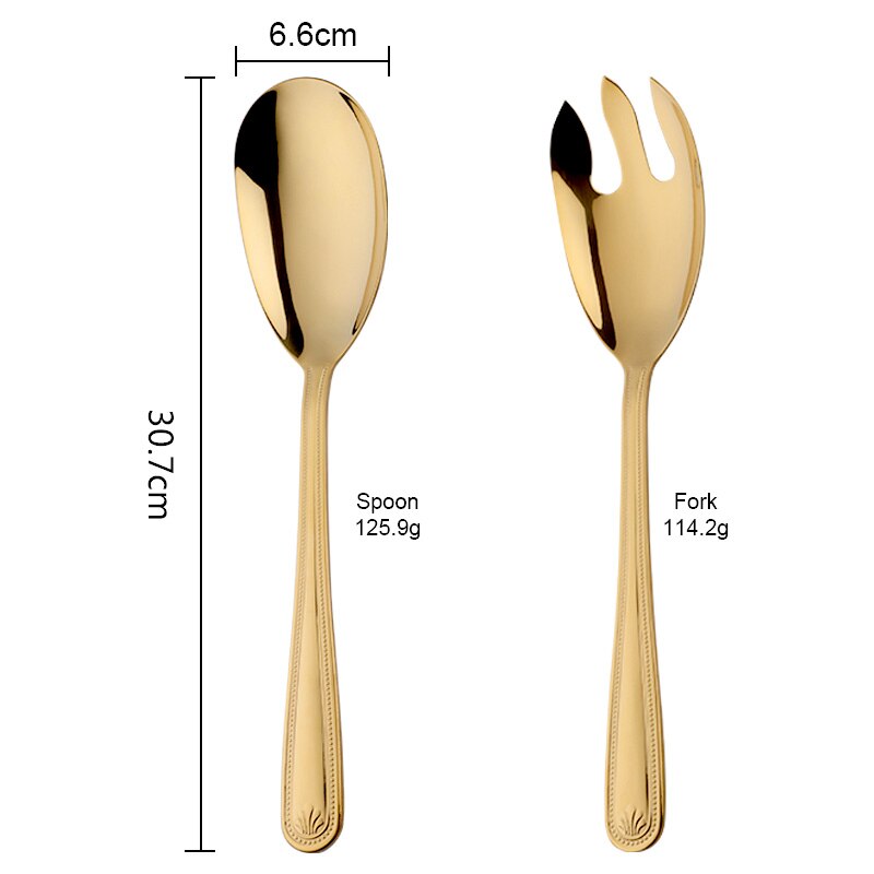 Stor sallad sked gaffel set rostfritt stål kök mat server pasta redskap offentliga guld porslin med hjälp av buffé restaurang verktyg: Guld-