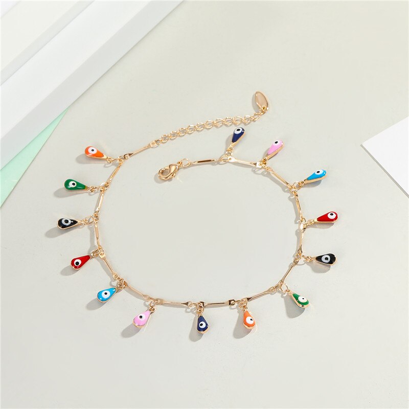 1PC bohème Vintage coloré turc mauvais oeil bracelets de cheville pour les femmes Chic petit soleil goutte d'eau pendentif Bracelet pied jambe chaîne bijoux