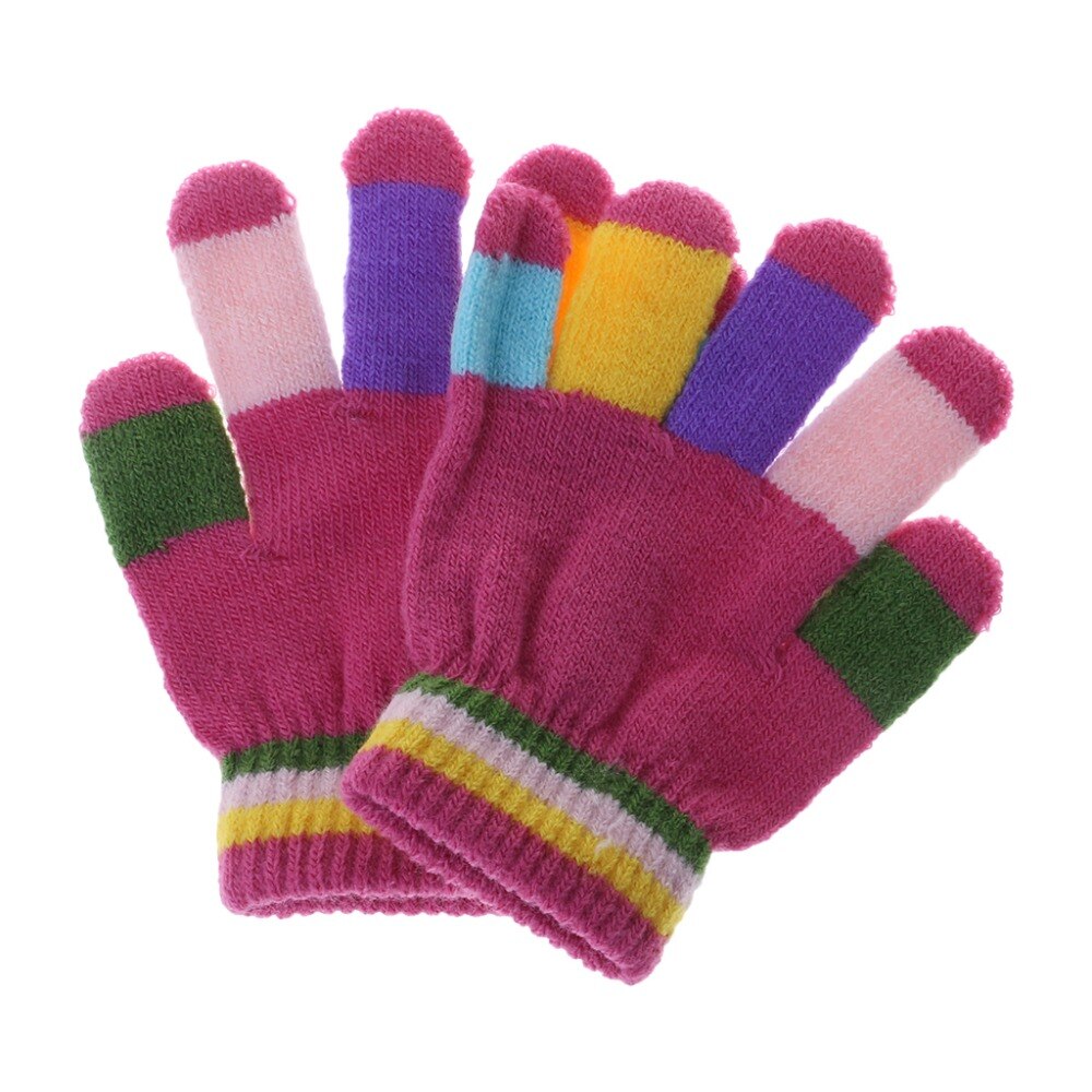 1 Pair Kids Gloves Full Finger Warm Winter Children Colorful Stripe Knitted Boys Girls Solid Glove Multi Color Elastic