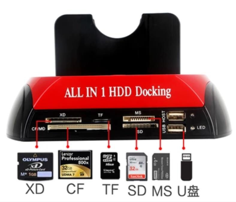 External Dual Port HDD Docking Station Hub with USB Port Memory Card Slot IDE SATA Data Reader XD/TF/CF/MD/Micro SD Cardreader