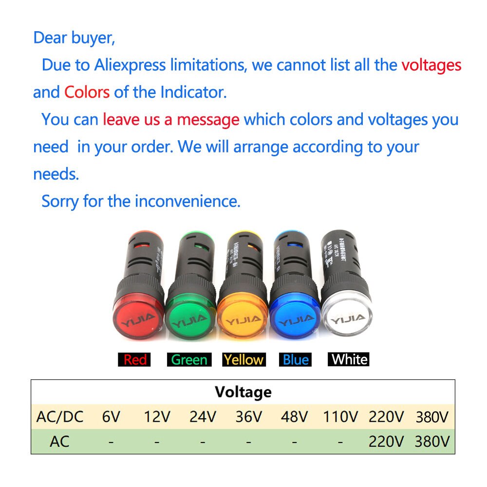 YIJIA 22mm 12V 24V 110V 220V AC DC LED Indicator Light Pilot Signal Lamp RED YELLOW GREEN AD16-22DS