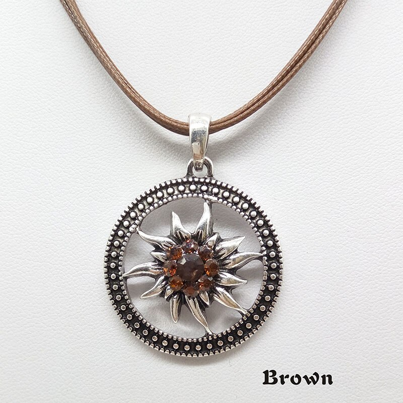 Vintage Zilveren Gesneden Edelweiss Ketting Hanger Zonnebloem Dirndl Traditionele Duitse Sieraden: brown