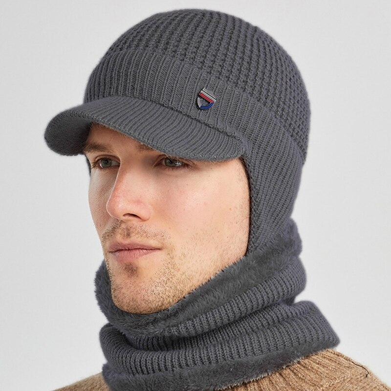 Heren winter 2 -delige set met klep, oorkleppen, muts en cirkelsjaal, gebreide dikke, pluche voering, skullies baseballpet, winddicht