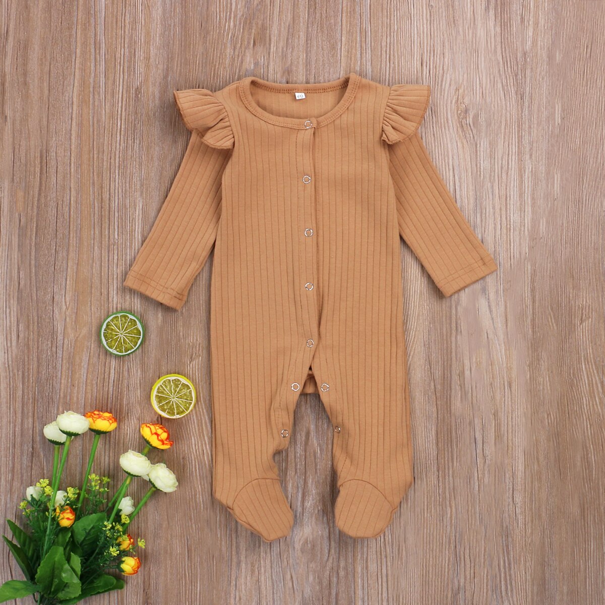 Combinaisons à pieds pour bébés unisexes, combinaisons pour bébés filles et garçons, chaussons côtelés, manches longues à volants, couleur unie, pyjama une pièce tricoté