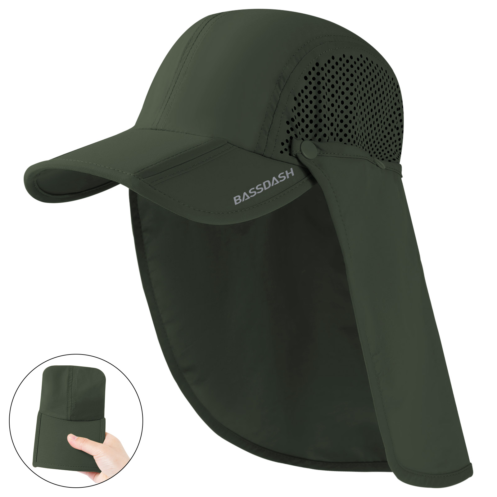 BASSDASH-Chapéu de pesca dobrável com aba removível do pescoço, portátil para homens e mulheres, golfe e caminhada, UPF 50 Plus: Cáqui
