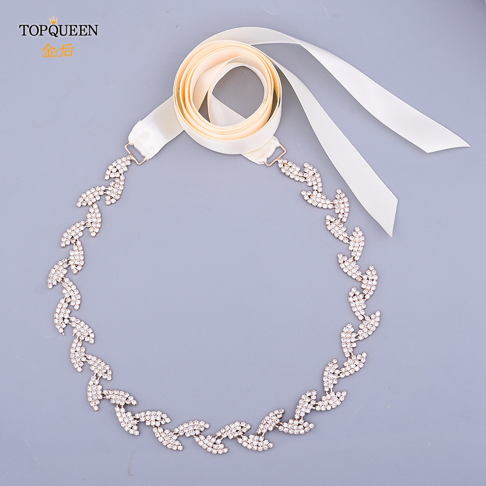 TOPQUEEN S198-G złoty pasek robić sukni ślubnej błyszczące stopu kryształ górski liście skrzydła kobiety diament akcesoria ślubne dla nowożeńców impreza pas: kość słoniowa faborek