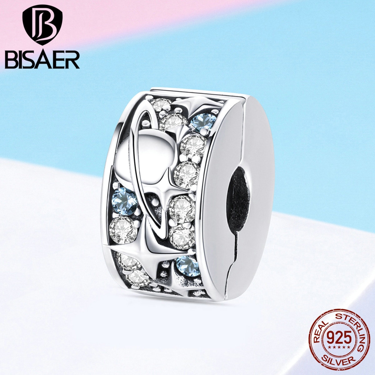 Bisaer 925 prata esterlina planeta terra contas estrela cz clipe rolha encantos ajuste pulseiras de prata contas para fazer jóias ecc985