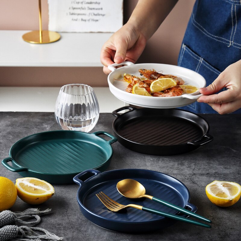 MUZITY Ceramic Baking Plate Round Porcelain Dinner Dish Special Snack or Bread Plate with Handle Bakeware