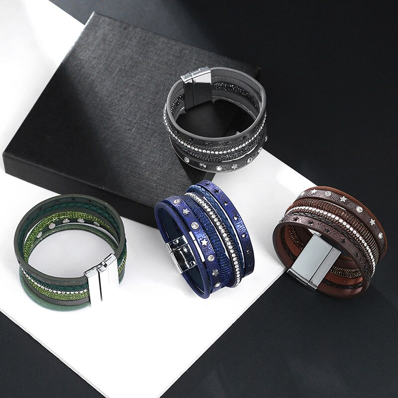 Kirykle Rhinestone Star Charm Leather Bracelets for Women Boho Multilayer Punk Rivet Wide Wrap Bracelet Female Jewelry
