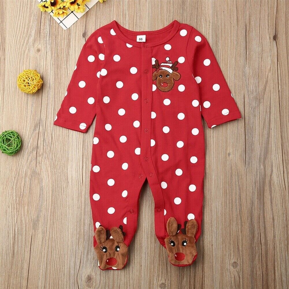 Christmas Infant Baby Boys Girls Romper Kids Baby Cotton Clothes Polka Dot Xmas Deer Jumpsuits Long Sleeve Romper 0-18M